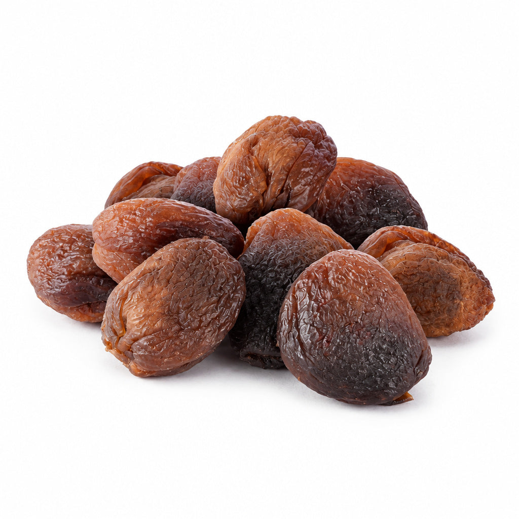 Create a photorealistic, high-end commercial product photograph of the uploaded Organic Sun Dried Whole Apricots with Pi