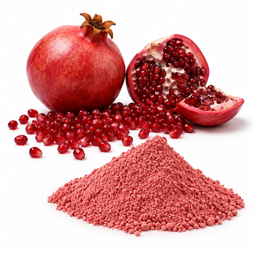 Create a photorealistic, high-end commercial product photograph of the uploaded Organic Ground Pomegranate Seeds, render