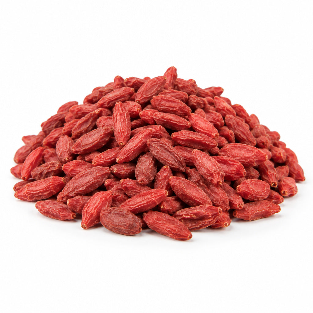 Create a photorealistic, high-end commercial product photograph of the uploaded Organic Goji Berries, rendered from a vi