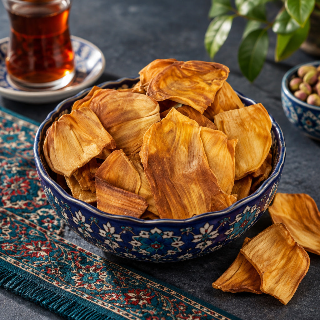 Create a photorealistic, high-end commercial food photograph for Organic Dried Jackfruit, based on the uploaded product