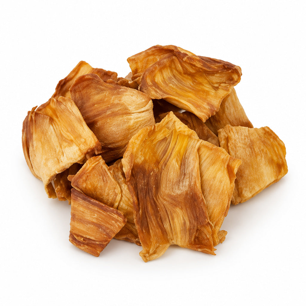 Create a photorealistic, high-end commercial product photograph of the uploaded Organic Dried Jackfruit, rendered from a