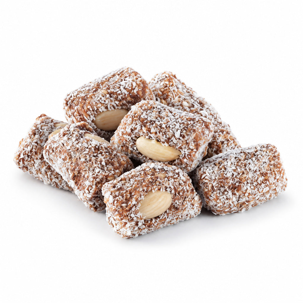 Create a photorealistic, high-end commercial product photograph of the uploaded Organic Coconut Date Rolls, rendered fro