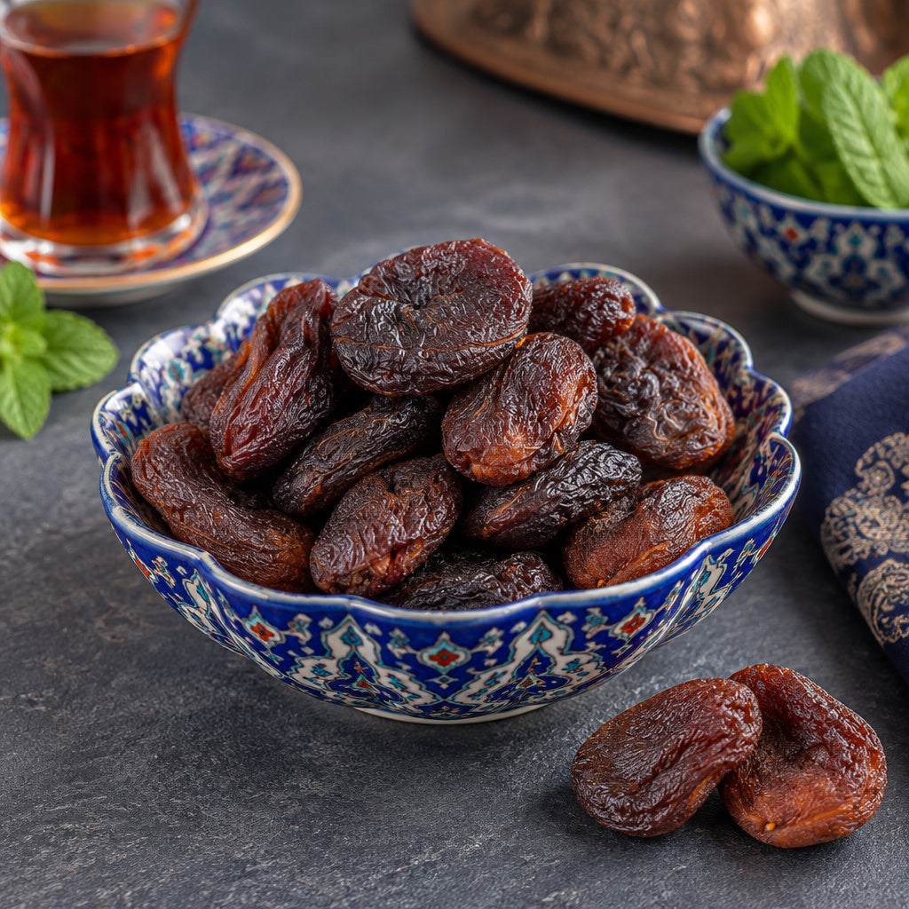 Create a photorealistic, high-end commercial food photograph for Organic Apricots (Pitted), based on the uploaded produc