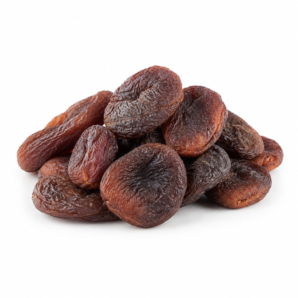 Create a photorealistic, high-end commercial product photograph of the uploaded Organic Apricots (Pitted), rendered from