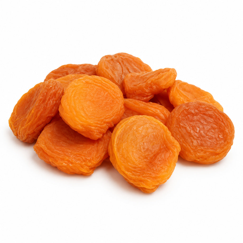 Create a photorealistic, high-end commercial product photograph of the uploaded Natural Orange Sour Apricots, rendered f