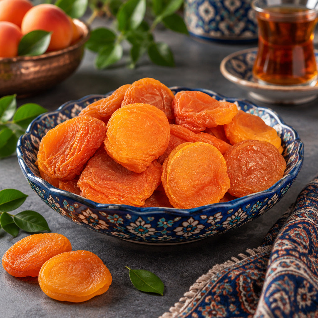 Create a photorealistic, high-end commercial food photograph for Natural Orange Sour Apricots, based on the uploaded pro
