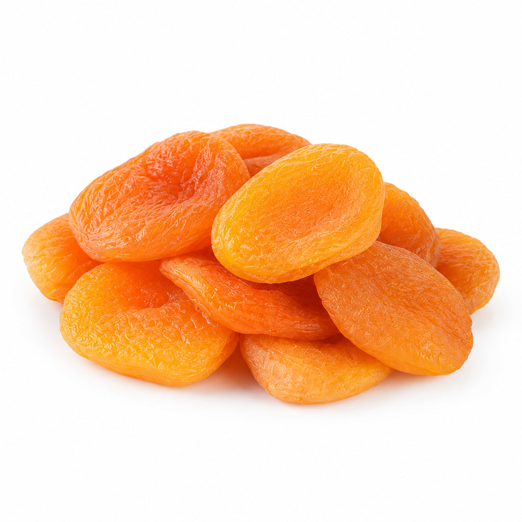 Create a photorealistic, high-end commercial product photograph of the uploaded Apricots (Turkish), rendered from a visi