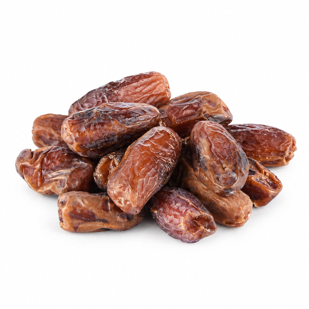 Create a photorealistic, high-end commercial product photograph of the uploaded Honey Dates - Pitted, rendered from a vi