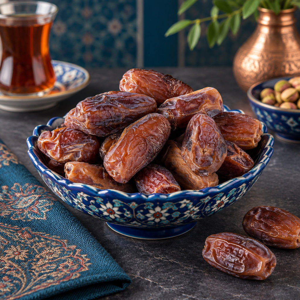 Create a photorealistic, high-end commercial food photograph for Honey Dates - Pitted, based on the uploaded product ima