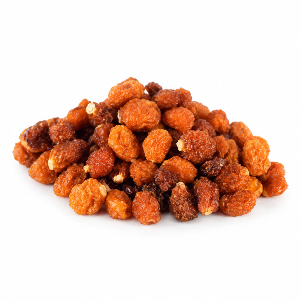 Create a photorealistic, high-end commercial product photograph of the uploaded Organic Golden Berries (Gooseberries), r