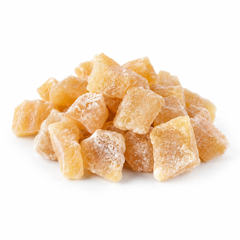 Create a photorealistic, high-end commercial product photograph of the uploaded Ginger (Chopped/Cubed), rendered from a