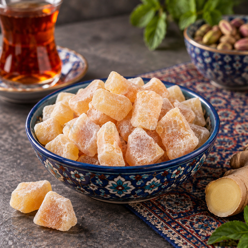 Create a photorealistic, high-end commercial food photograph for Ginger (Chopped/Cubed), based on the uploaded product i