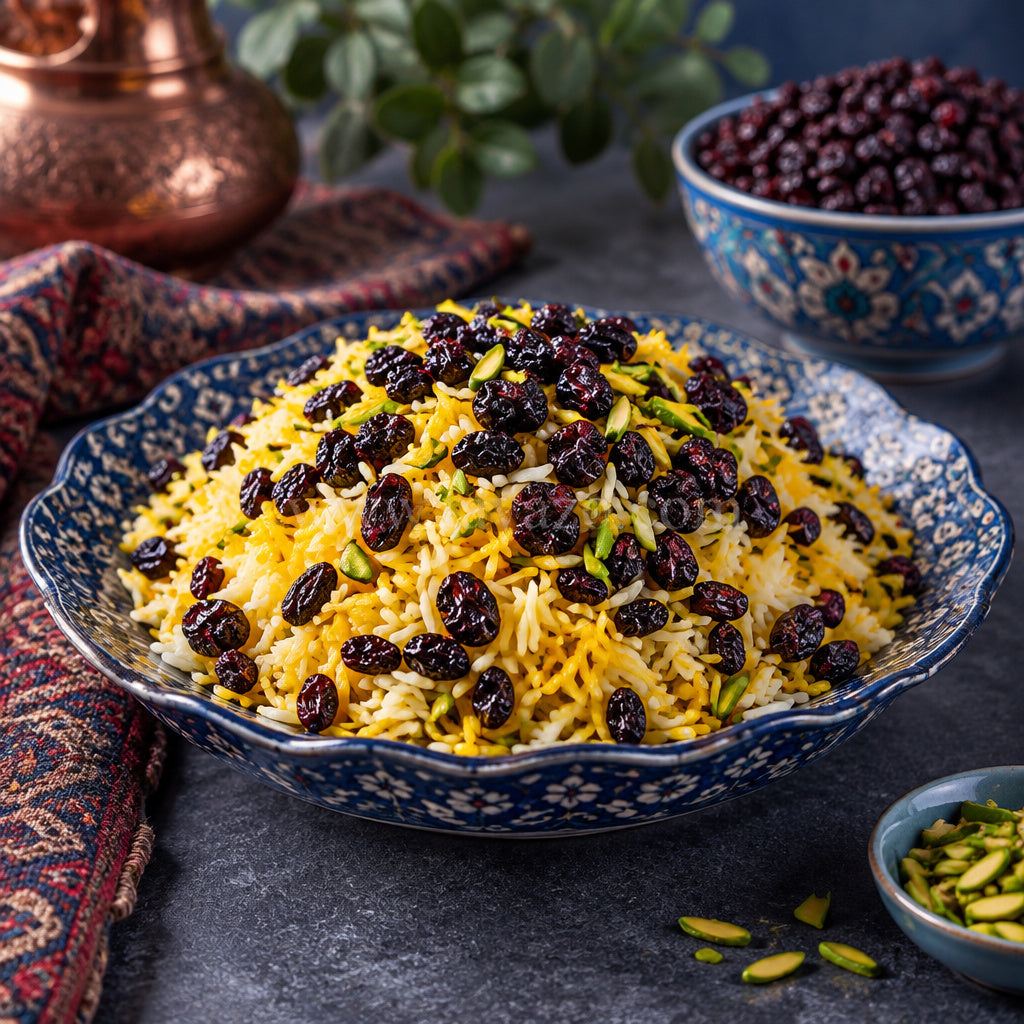 Create a photorealistic, high-end commercial food photograph for Black Barberry (زرشک آبگیری), based on the up