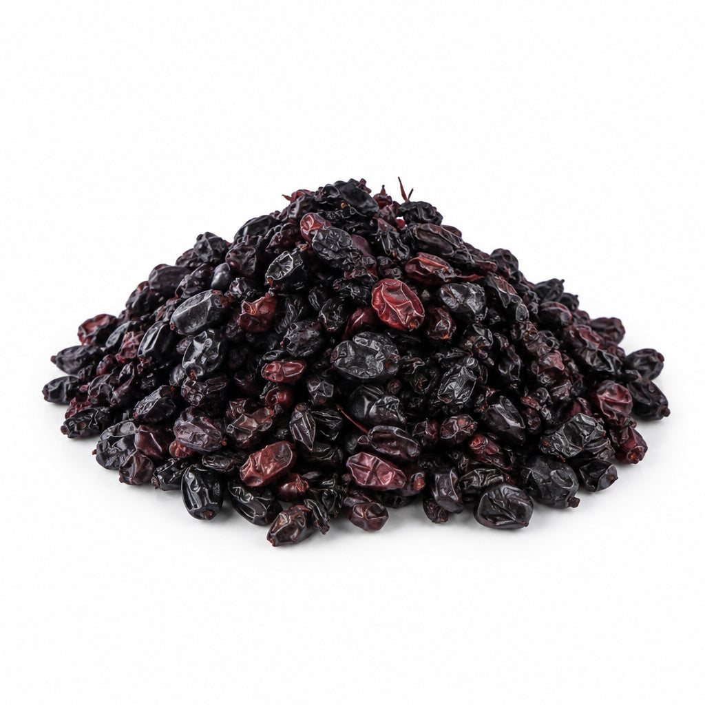 Create a photorealistic, high-end commercial product photograph of the uploaded Black Barberry (زرشک آبگیری),
