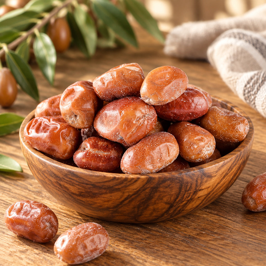 Create a photorealistic, high-end commercial lifestyle photograph for Dried Whole Oleaster - Senjed, using the uploaded