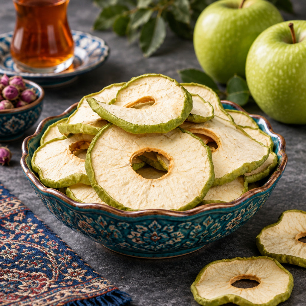 Create a photorealistic, high-end commercial food photograph for Dried Sour Apple (Natural), based on the uploaded produ