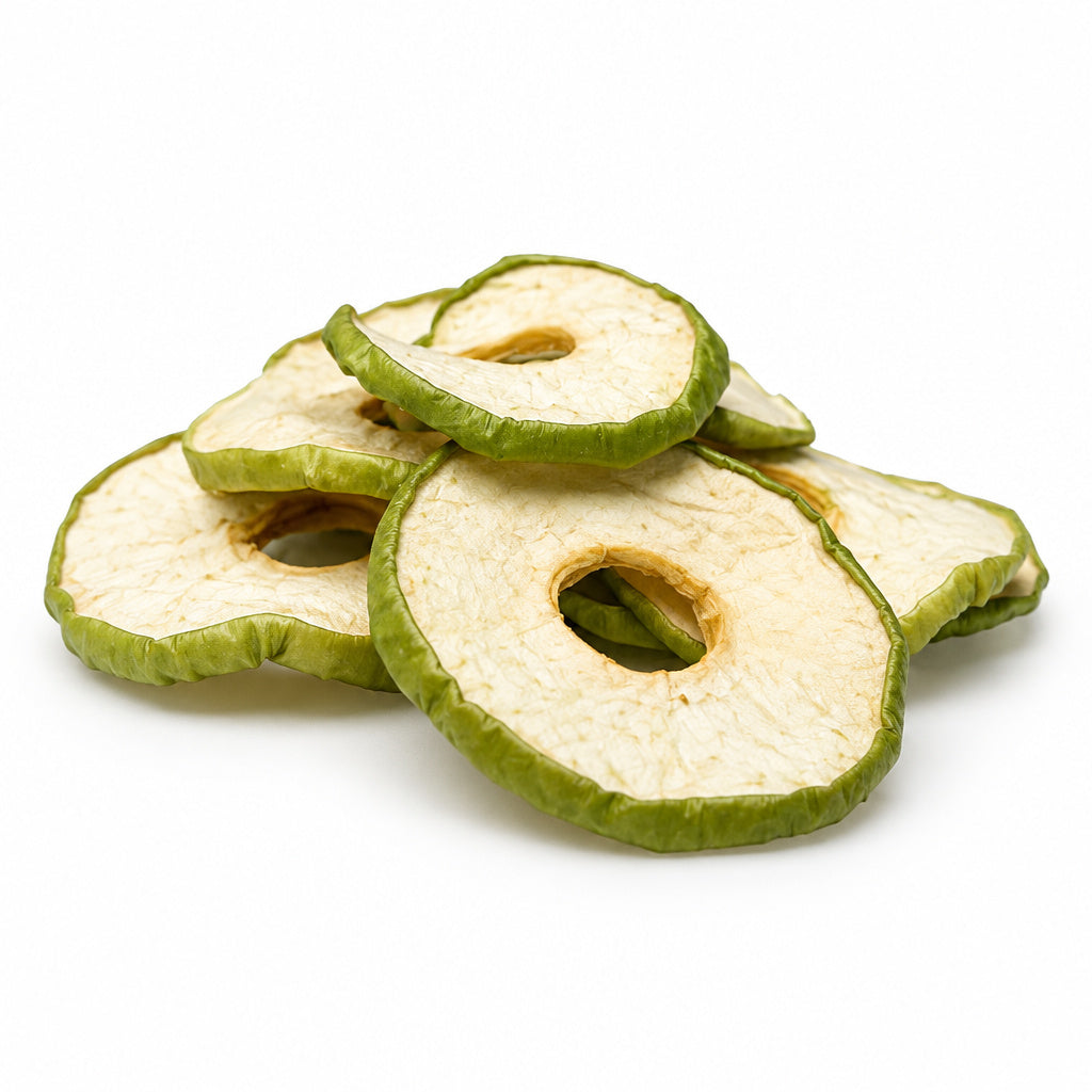 Create a photorealistic, high-end commercial product photograph of the uploaded Dried Sour Apple (Natural), rendered fro