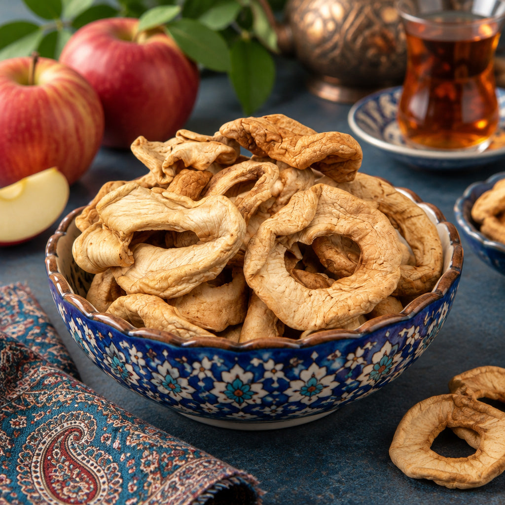 Create a photorealistic, high-end commercial food photograph for Organic Apple Rings (Natural), based on the uploaded pr