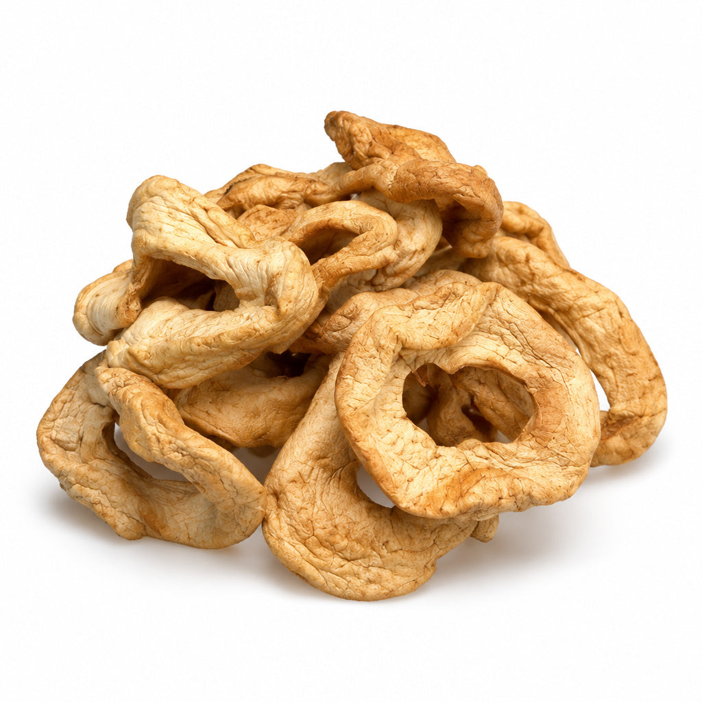 Create a photorealistic, high-end commercial product photograph of the uploaded Organic Apple Rings (Natural), rendered