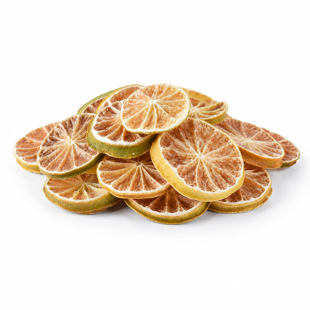 Create a photorealistic, high-end commercial product photograph of the uploaded Dried Sliced Lime, rendered from a visib