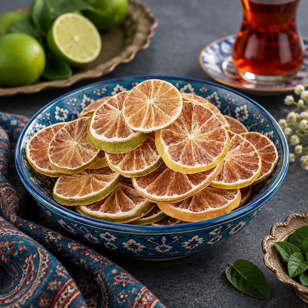Create a photorealistic, high-end commercial food photograph for Dried Sliced Lime, based on the uploaded product image.