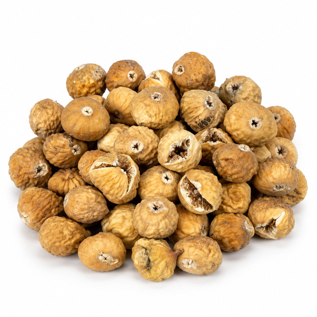 Create a photorealistic, high-end commercial product photograph of the uploaded Dried Mini Shiraz Figs, rendered from a