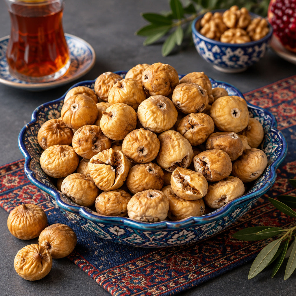 Create a photorealistic, high-end commercial food photograph for Dried Mini Shiraz Figs, based on the uploaded product i