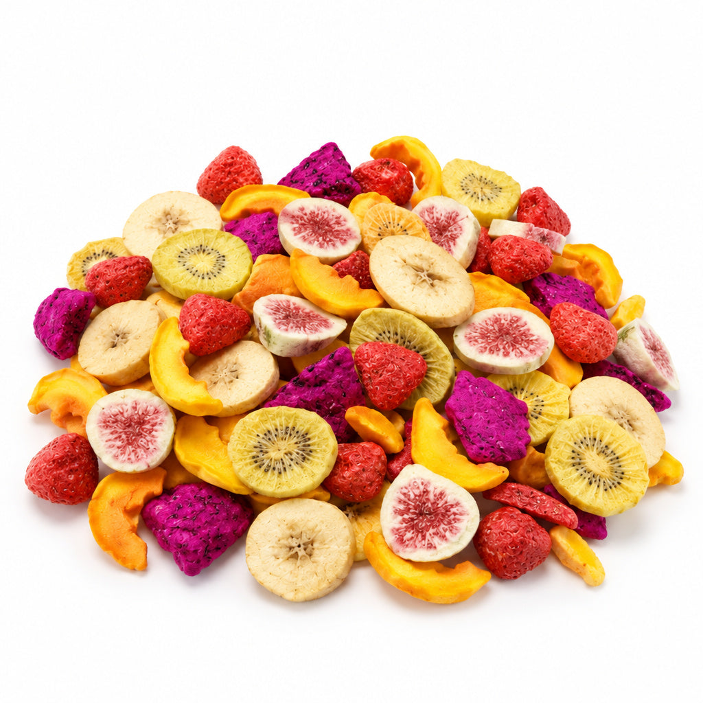 Create a photorealistic, high-end commercial product photograph of the uploaded Dried Fruit Chips, rendered from a visib