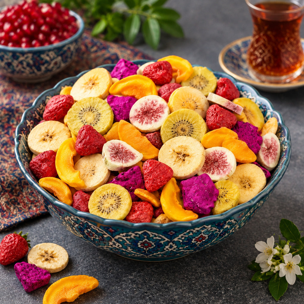 Create a photorealistic, high-end commercial food photograph for Dried Fruit Chips, based on the uploaded product image.