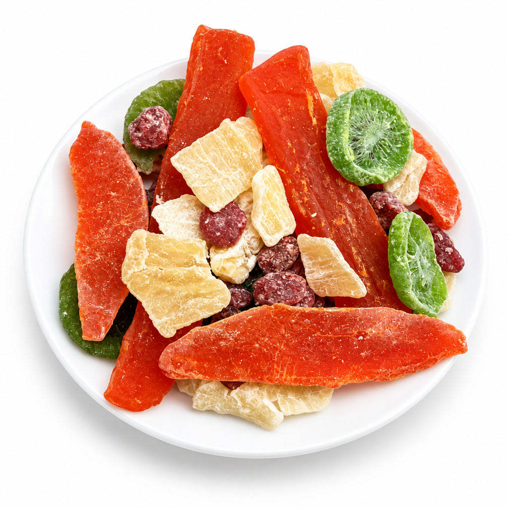 Transform the uploaded product into a photorealistic, high-end commercial product photograph for Tropical Fruit Mix. Pre
