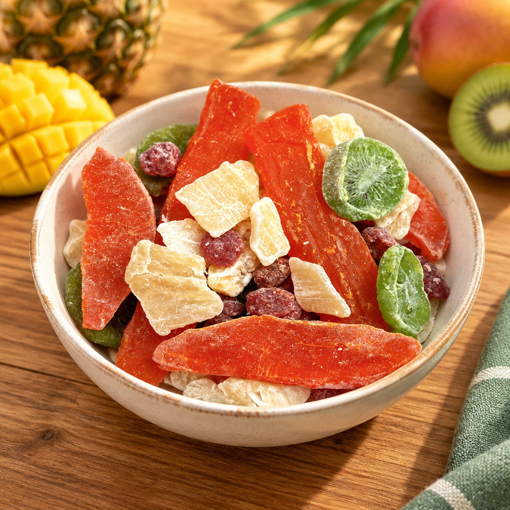 Create a photorealistic, high-end commercial lifestyle photograph for Tropical Fruit Mix, using the uploaded image as th