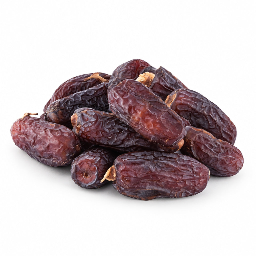 Create a photorealistic, high-end commercial product photograph of the uploaded Dates (Piarum), rendered from a visibly