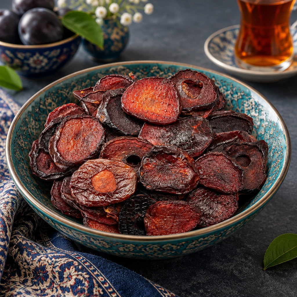 Create a photorealistic, high-end commercial food photograph for Black Plum - Alu Khaki (Natural), based on the uploaded