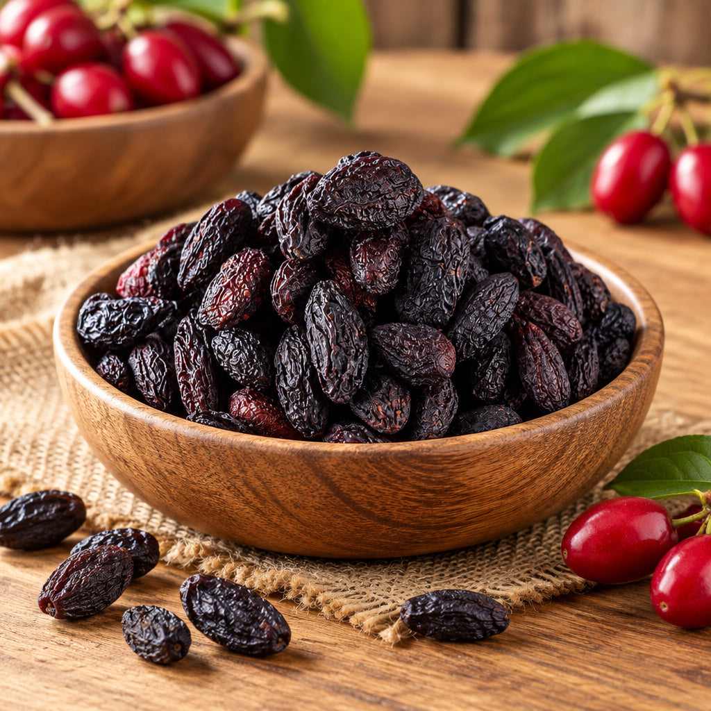 Create a photorealistic, high-end commercial lifestyle photograph for Cornelian Cherries - Zoghal Akhteh, using the uplo