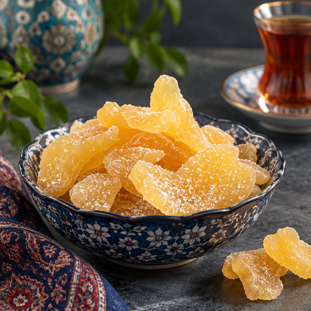 Create a photorealistic, high-end commercial food photograph for Crystallized Ginger, based on the uploaded product imag