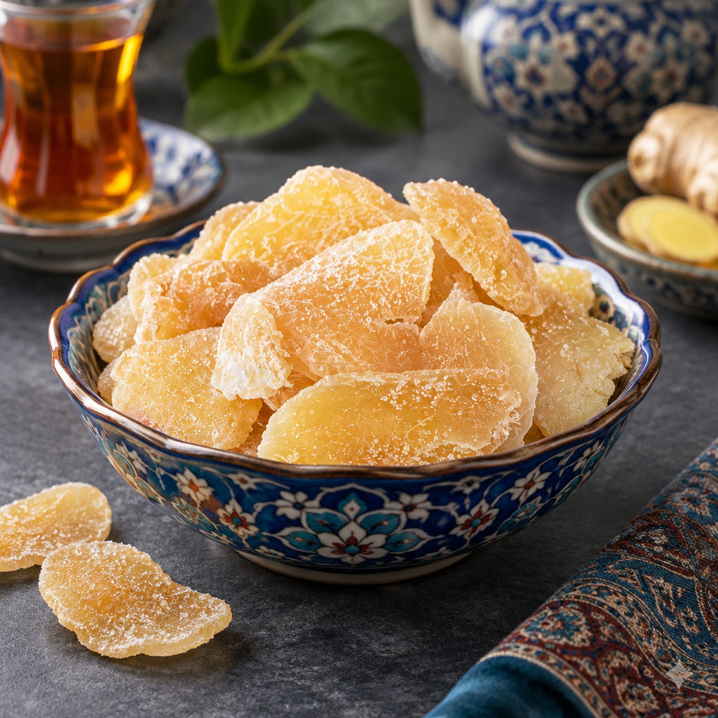 Create a photorealistic, high-end commercial food photograph for Crystallized Ginger, based on the uploaded product imag
