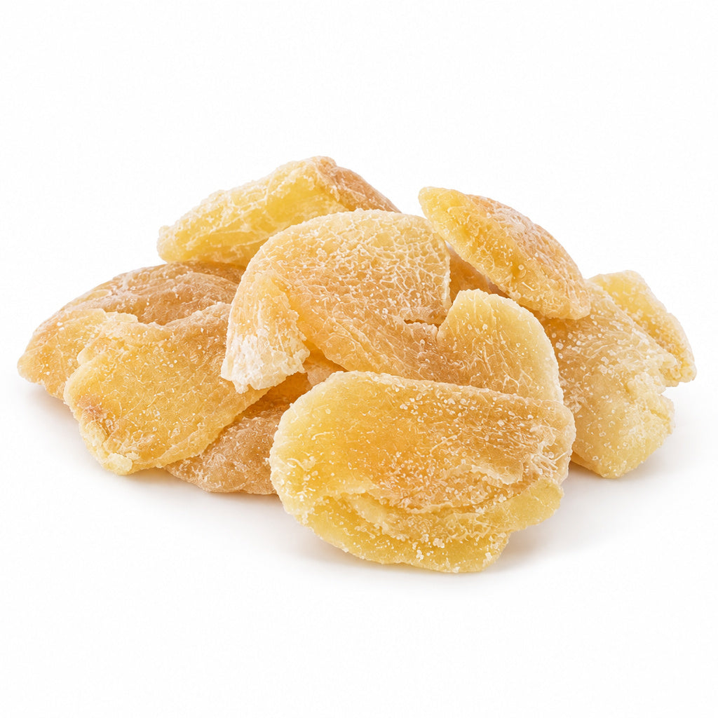 Create a photorealistic, high-end commercial product photograph of the uploaded Crystallized Ginger, rendered from a vis