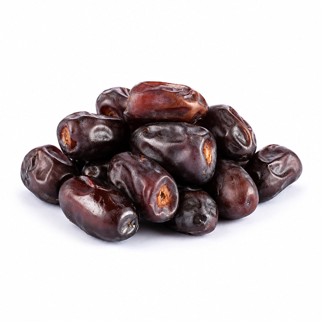 Create a photorealistic, high-end commercial product photograph of the uploaded Dates (Fresh), rendered from a visibly d