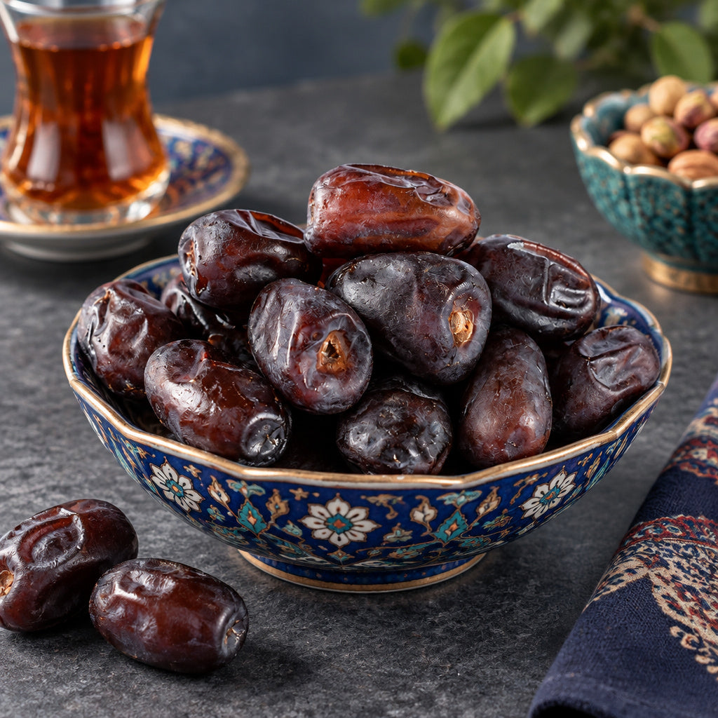 Create a photorealistic, high-end commercial food photograph for Dates (Fresh), based on the uploaded product image.

RE