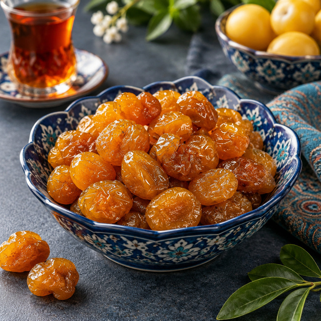 Create a photorealistic, high-end commercial food photograph for Golden Mini Plums - With Seed, based on the uploaded pr