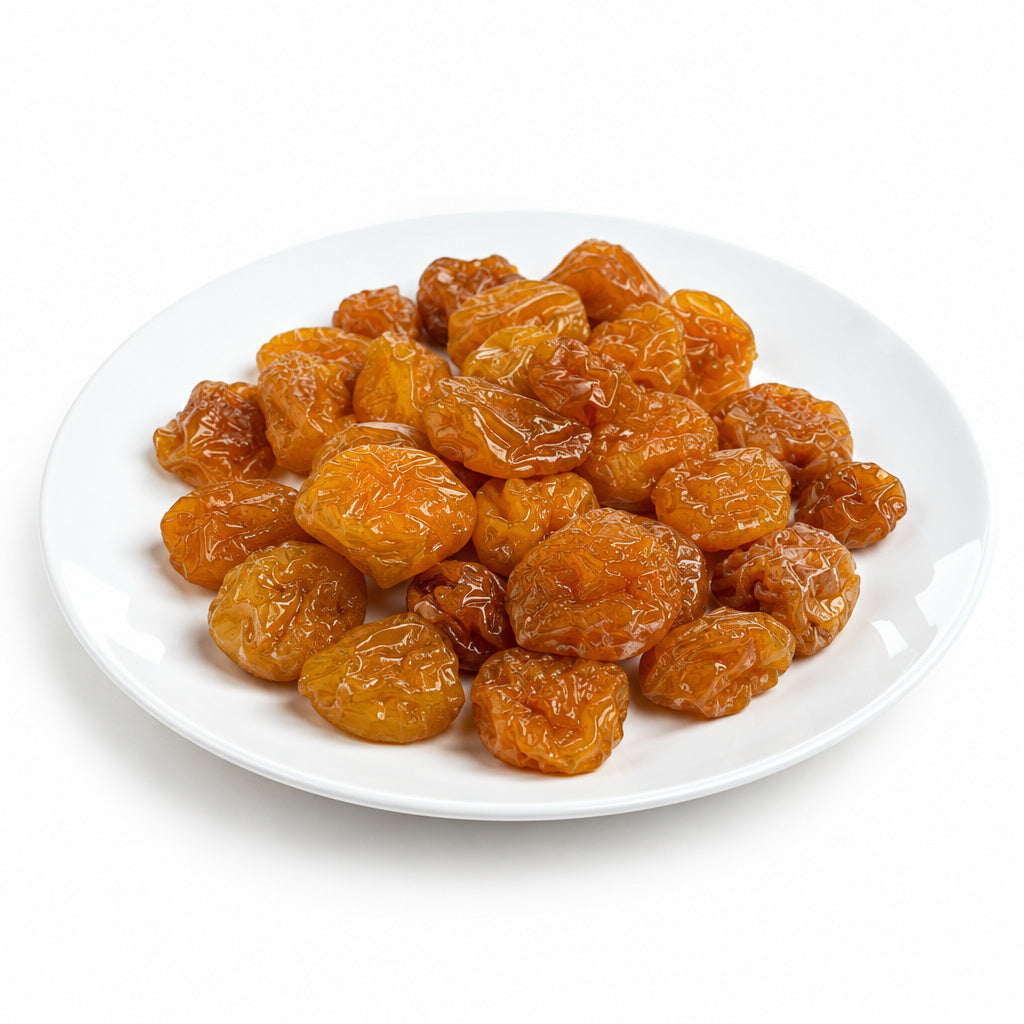 Create a photorealistic, high-end commercial product photograph of the uploaded Golden Mini Plums - With Seed, rendered