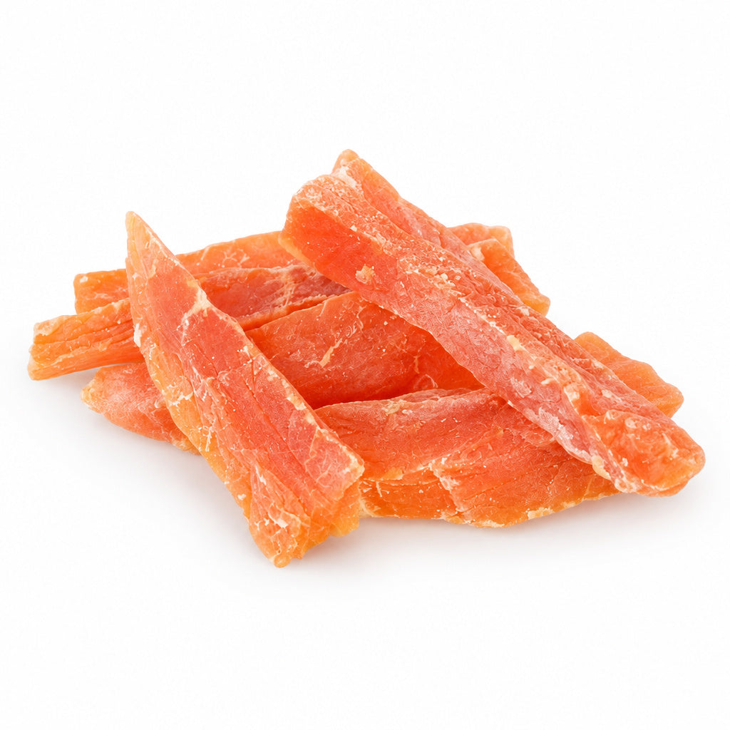Create a photorealistic, high-end commercial product photograph of the uploaded Dried Papaya Spears, rendered from a vis