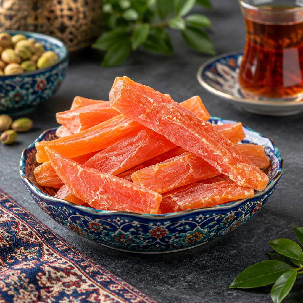 Create a photorealistic, high-end commercial food photograph for Dried Papaya Spears, based on the uploaded product imag