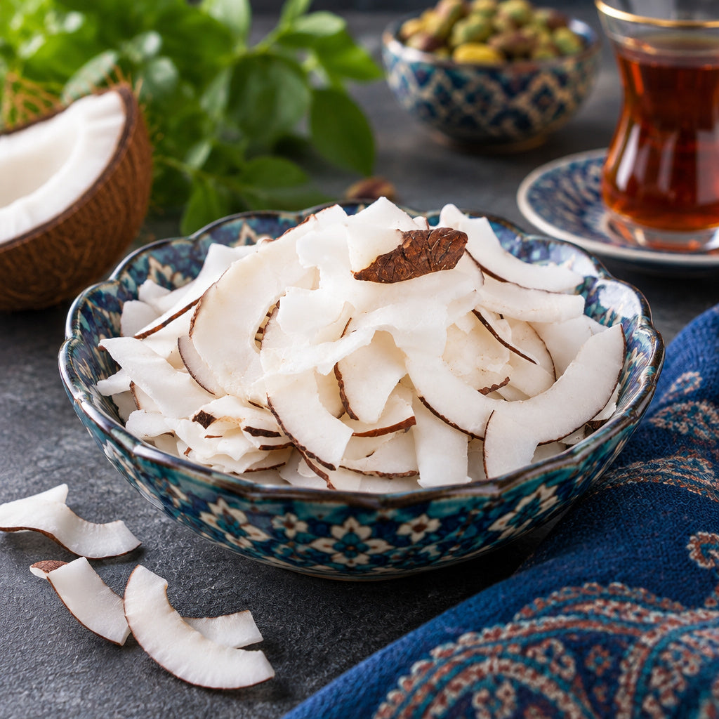 Create a photorealistic, high-end commercial food photograph for Coconut (Natural), based on the uploaded product image.