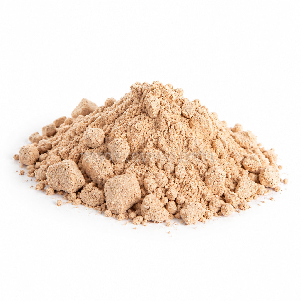 Create a photorealistic, high-end commercial product photograph of the uploaded Dried Oleaster (Powder), rendered from a