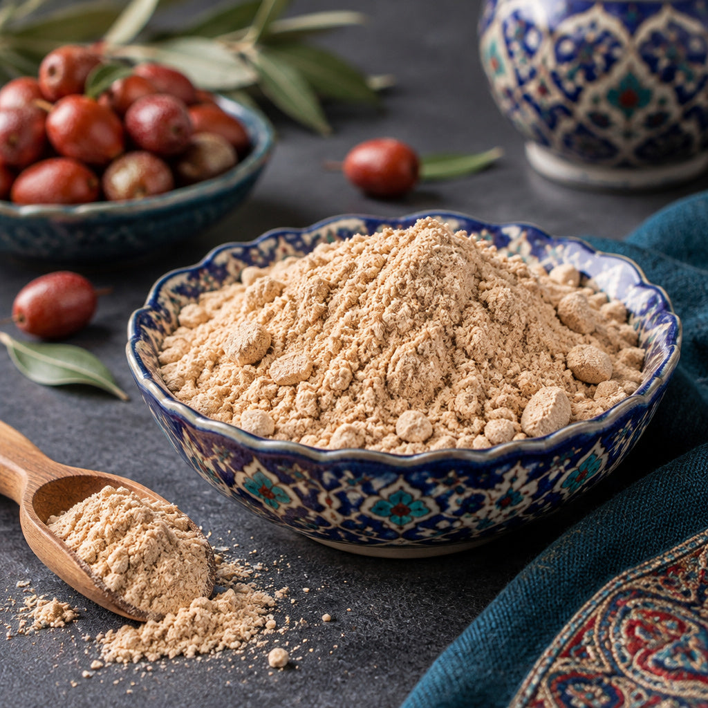 Create a photorealistic, high-end commercial food photograph for Dried Oleaster (Powder), based on the uploaded product