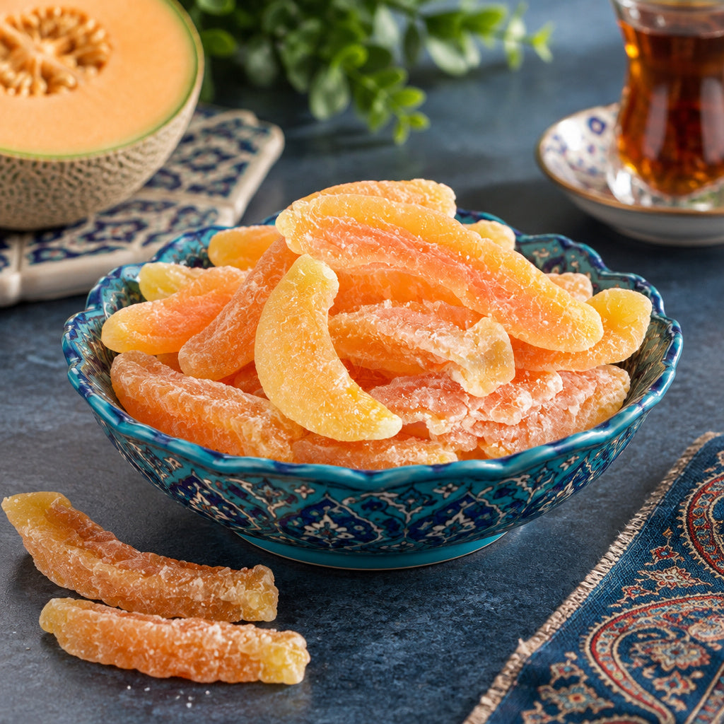 Create a photorealistic, high-end commercial food photograph for Cantaloupe (California), based on the uploaded product