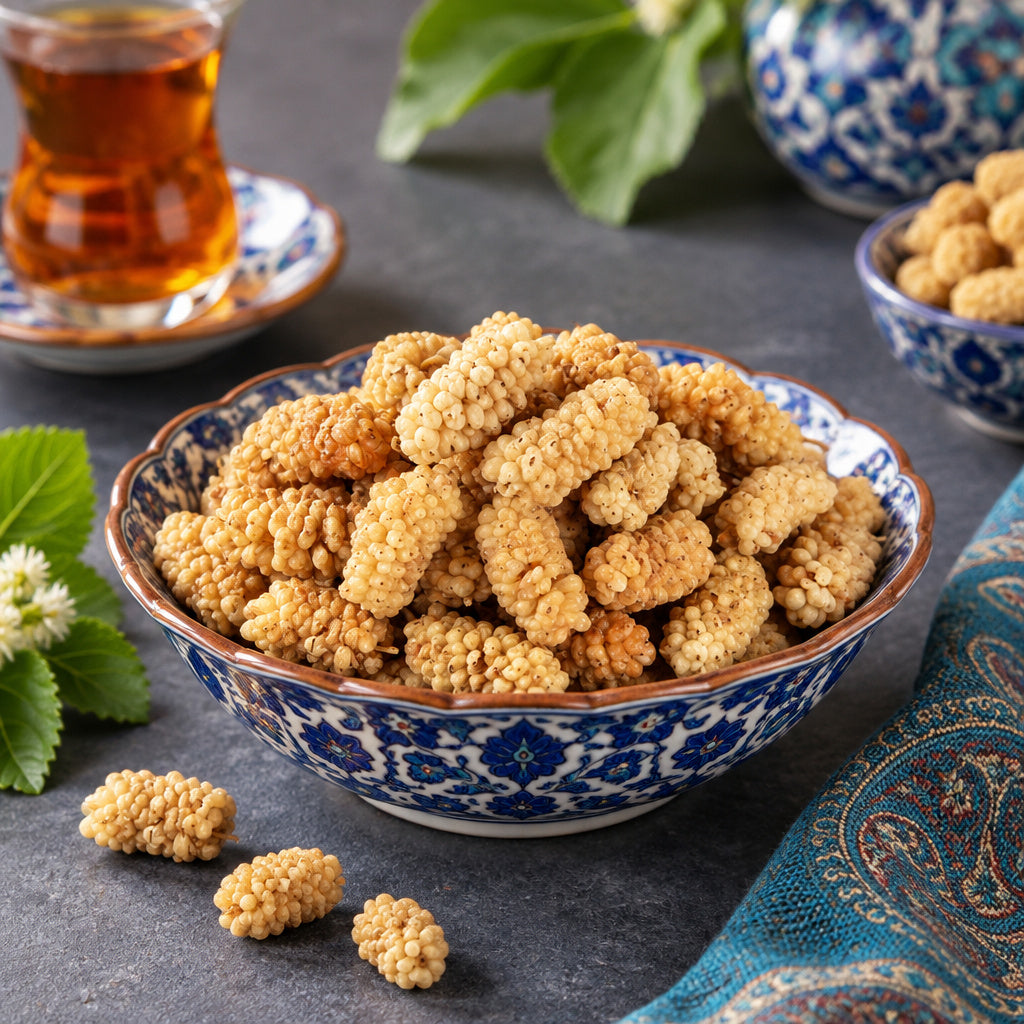 Create a photorealistic, high-end commercial food photograph for Dried Mulberries - Premium (Dehydrated Crunchy), based