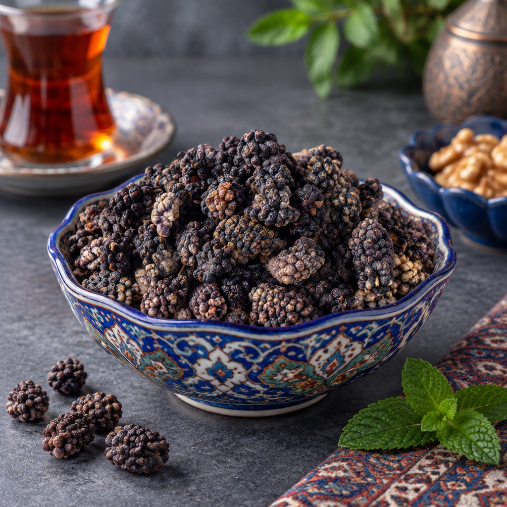 Create a photorealistic, high-end commercial food photograph for Dried Mulberries - Black, based on the uploaded product