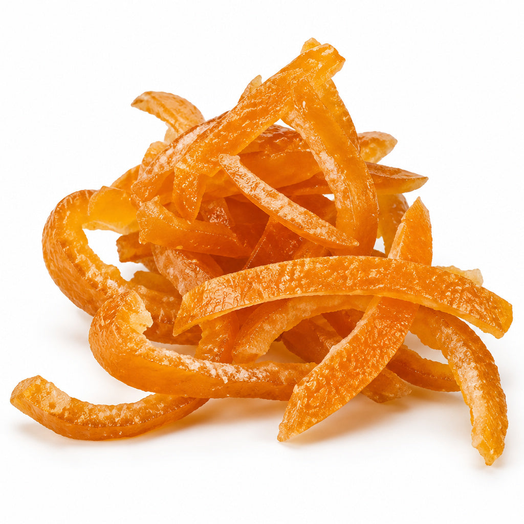 Create a photorealistic, high-end commercial product photograph of the uploaded Candied Orange Peels, rendered from a vi